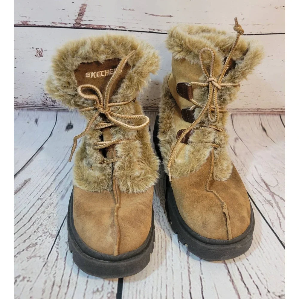 Skechers Booties Chestnut Leather Faux Fur Lace Up Winter Boots Women's 8.5